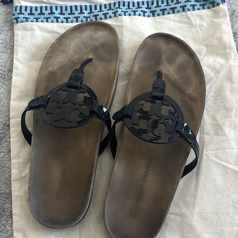 Tory Burch Miller Cloud Black Patent Sandals - Size 10